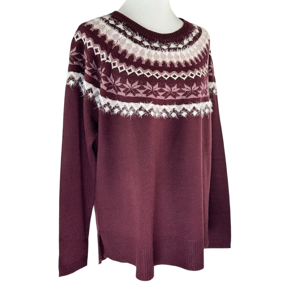 Eddie Bauer Nordic Fair Isle Burgundy Pullover‎  Sweater Side Slits Women's XL